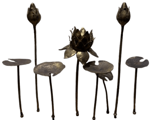 Dokra metal lotus buds and leaves on tall stems